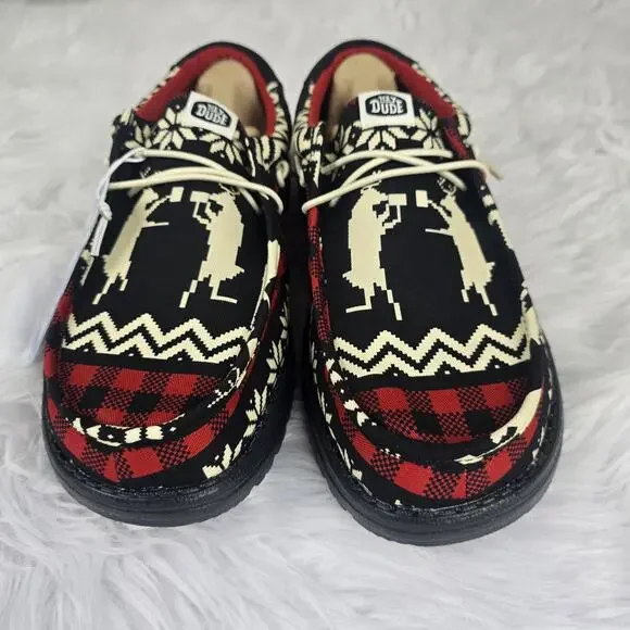 Hey Dude Wally Holiday Cheers Men's Size 9 Black Red Shoes Christmas Dudes